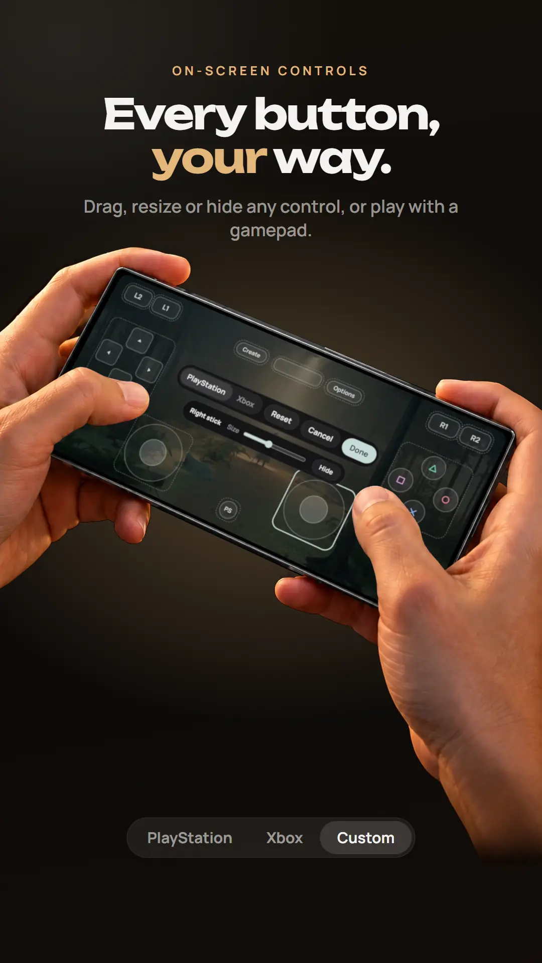 Editing the on-screen controller: the right stick picked, with its size slider and Hide.
