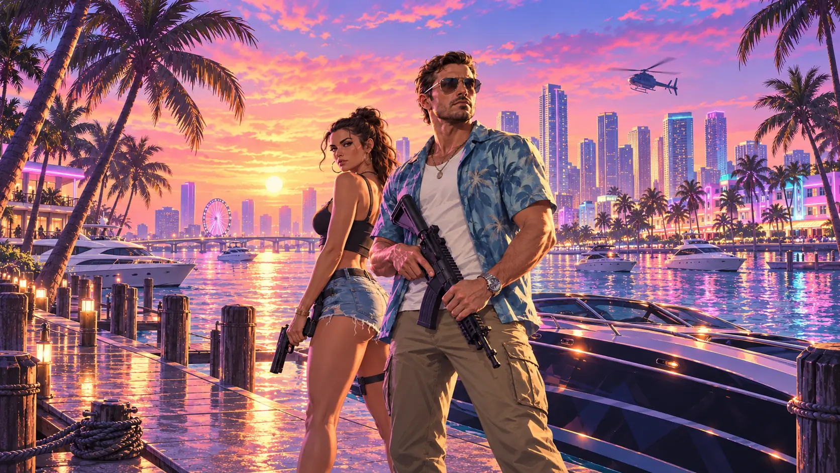 Neon city skyline at sunset with two characters on a pier, the PlayRoam artwork